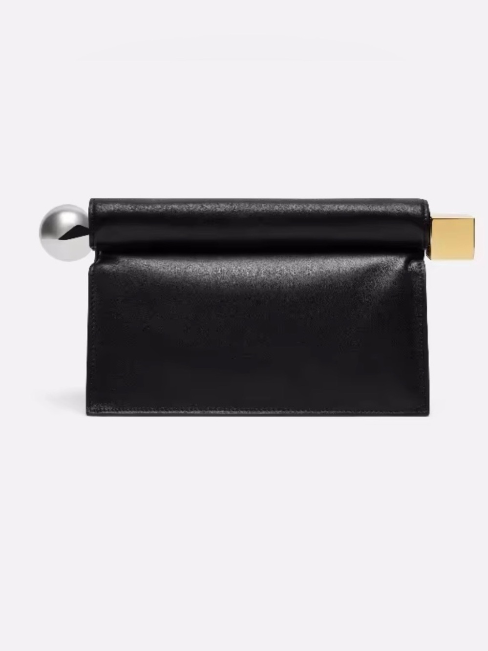 Black Leather Roll-Top Clutch with Metallic Accents